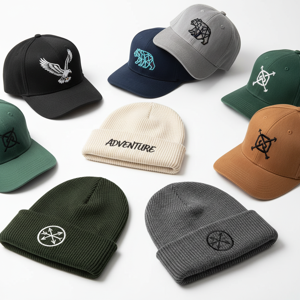 Embroidered products including hats and beanies with custom embroidery