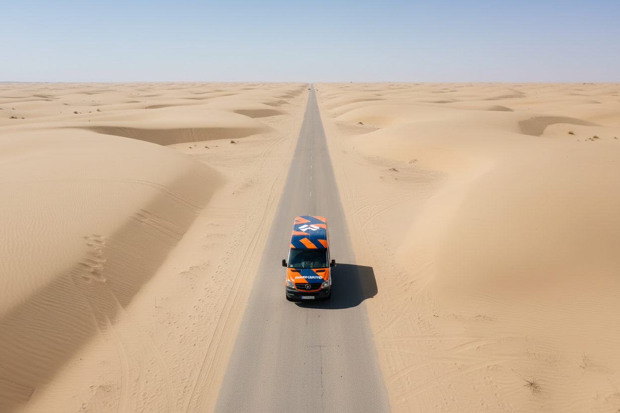 Fully branded fleet vehicle on sandy desert road