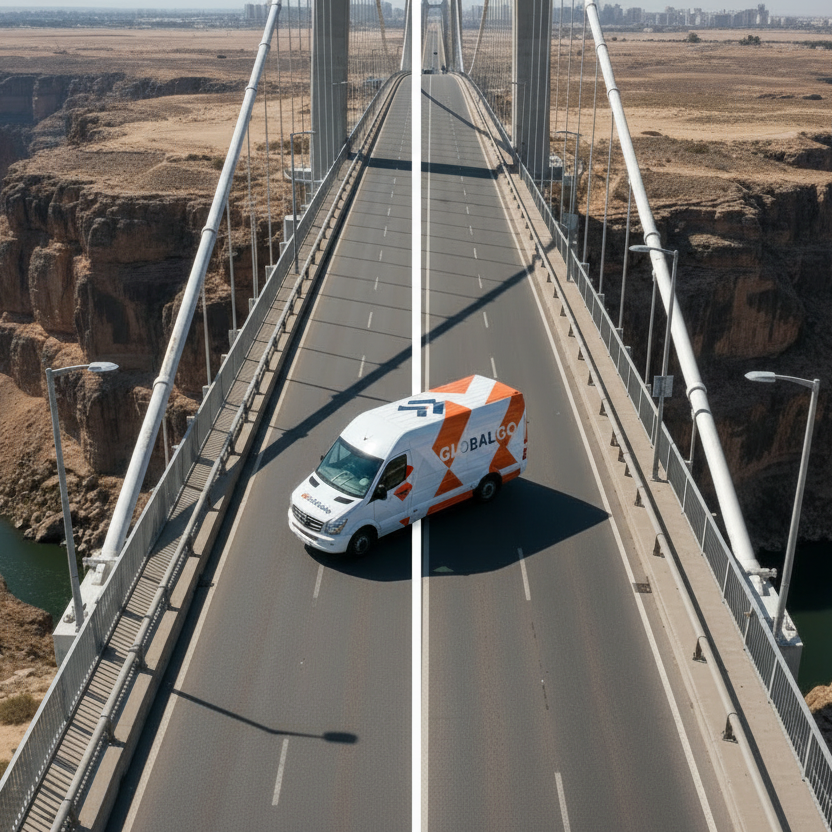 Before and after vehicle wrap transformation on bridge
