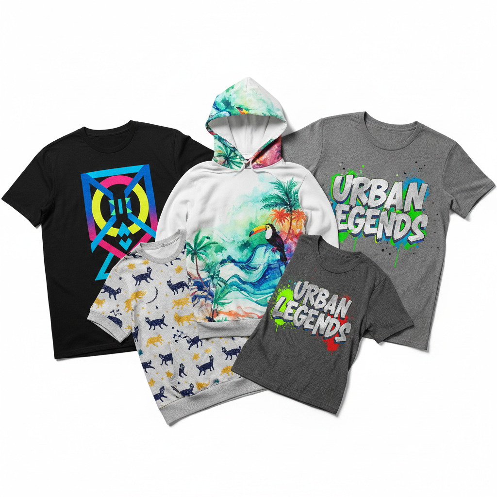 Custom printed garments including t-shirts and hoodies